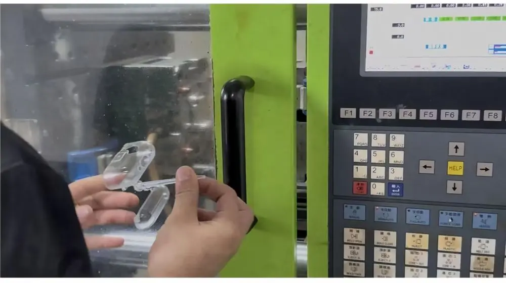 Injection mold trial with molded sample checking