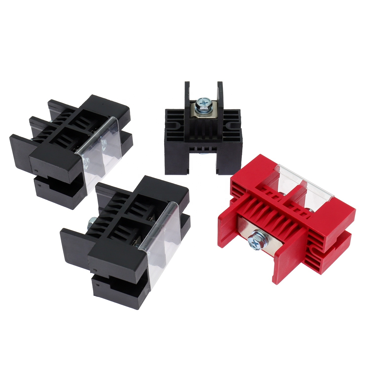 feed-through barrier screw terminal blocks for secure panel-mount power distribution. Features robust insulation, high-torque screw clamping, and 75 Amp current capacity. Ideal for industrial controls and power supplies