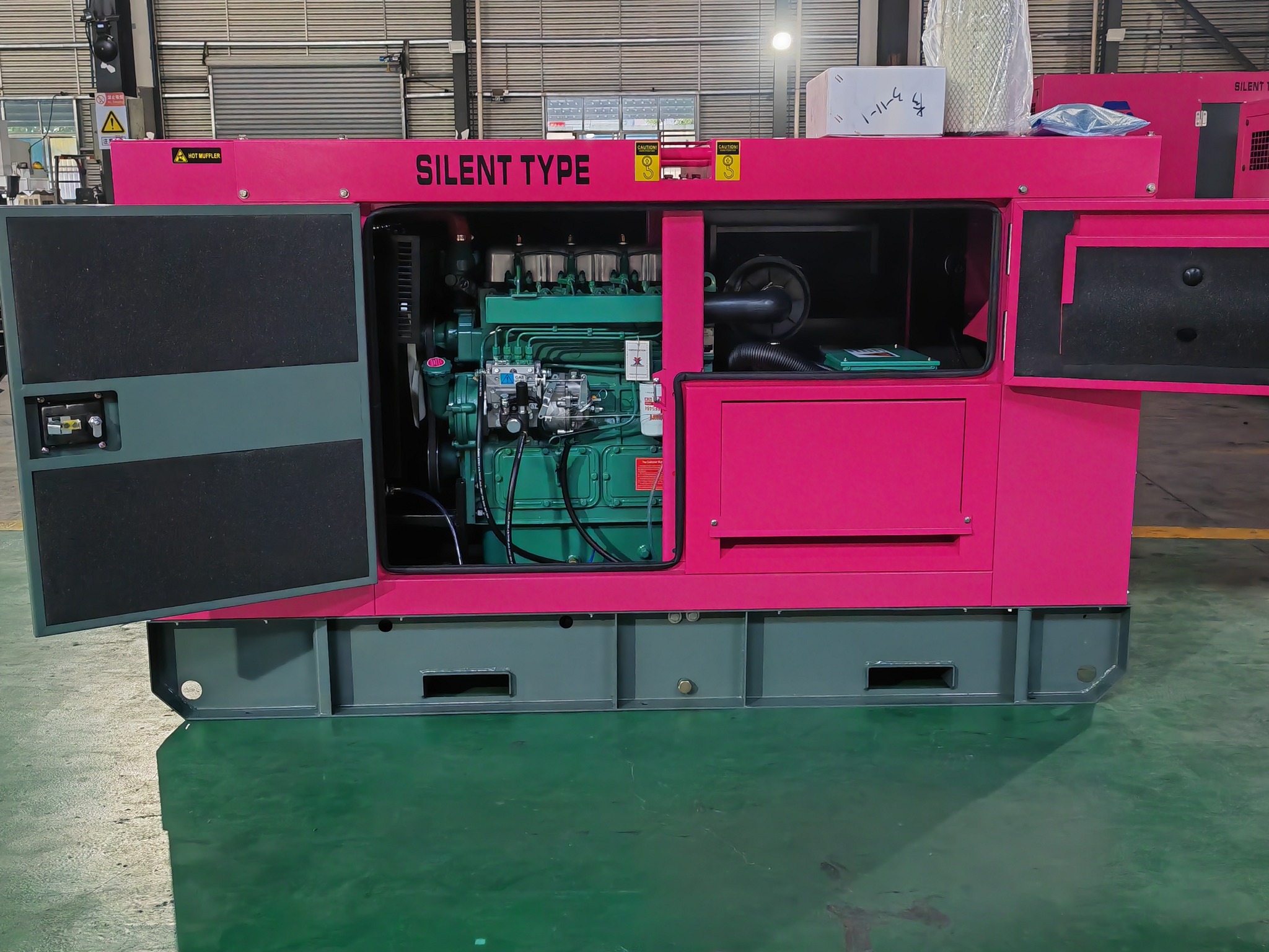 Inside view of custom silent diesel generator with diesel engine