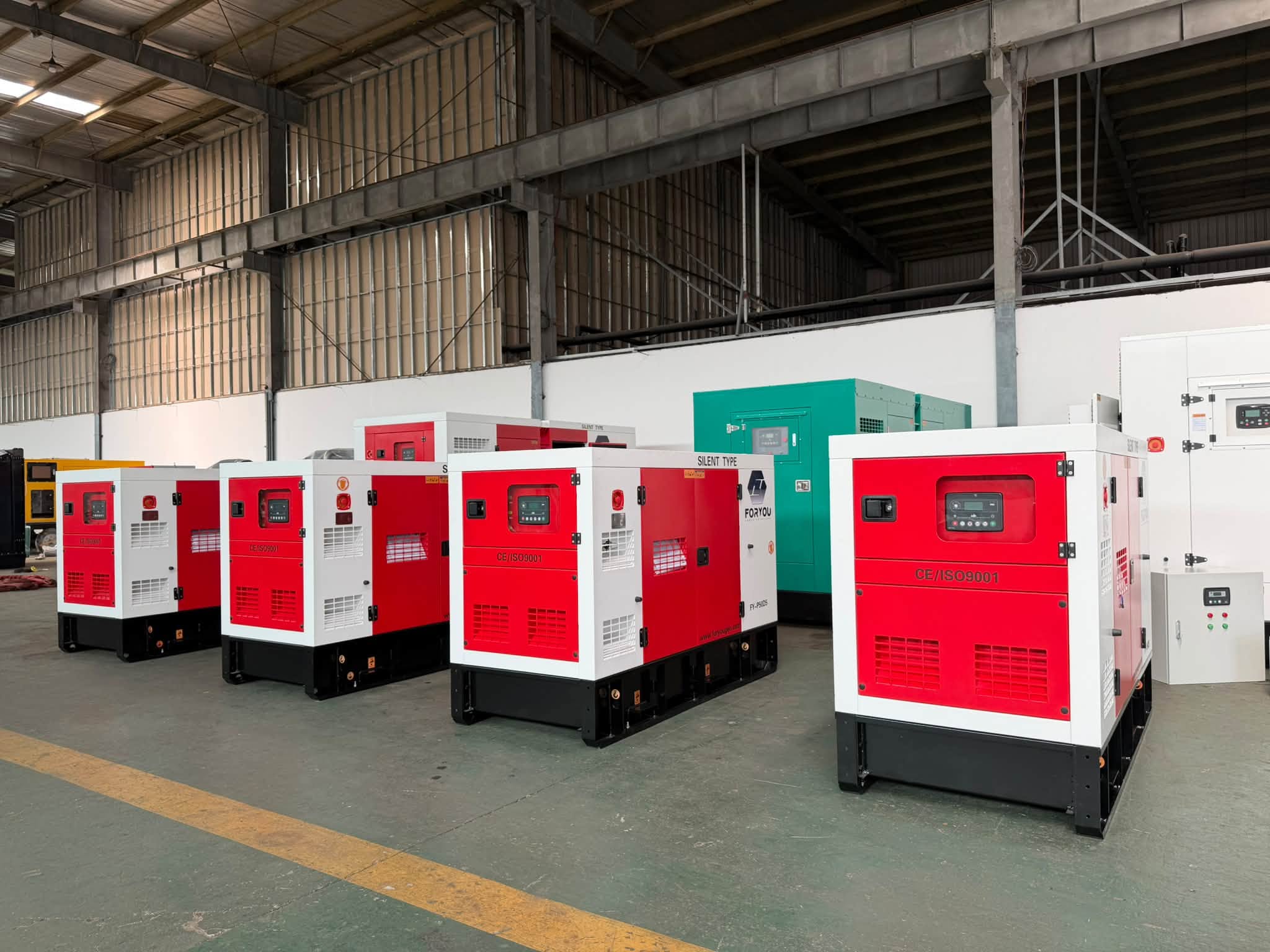 FORYOU POWER silent diesel generator sets displayed in the factory workshop