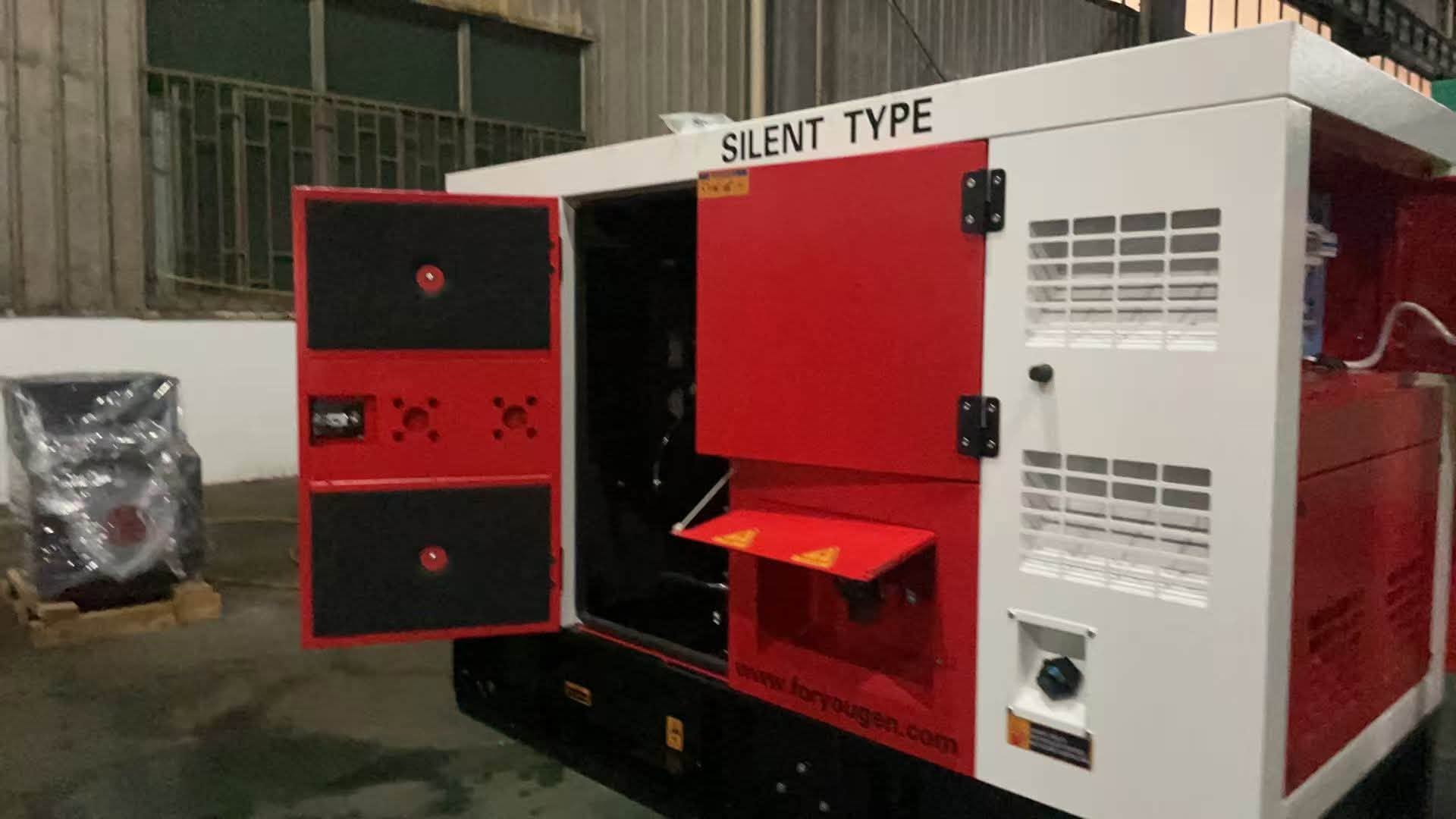 Silent diesel generator with open maintenance access doors and red white canopy