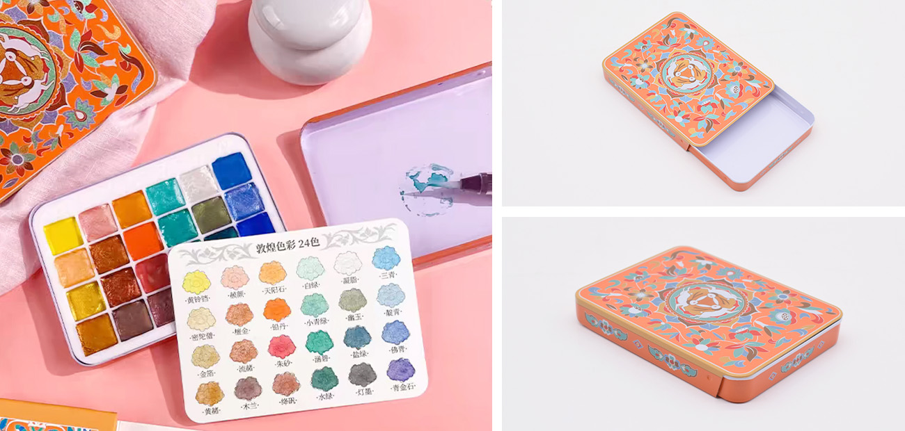LTD Tin Box manufactures custom empty watercolor tins for art brands worldwide. Each watercolor tin box is fully customizable in size, color, and print. Contact us for a free sample today.