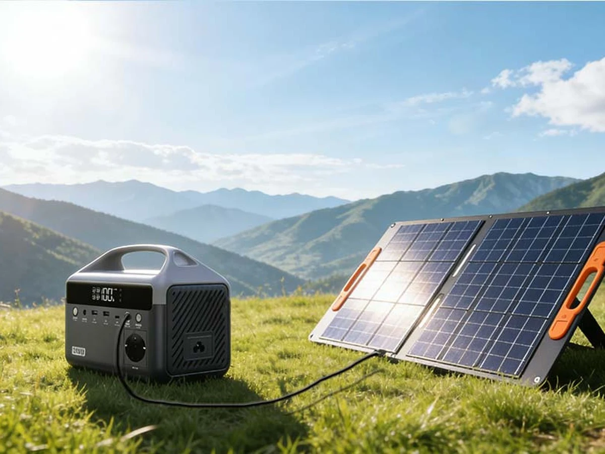 Folding solar panel connected to the NEO 501 for charging on a mountain meadow