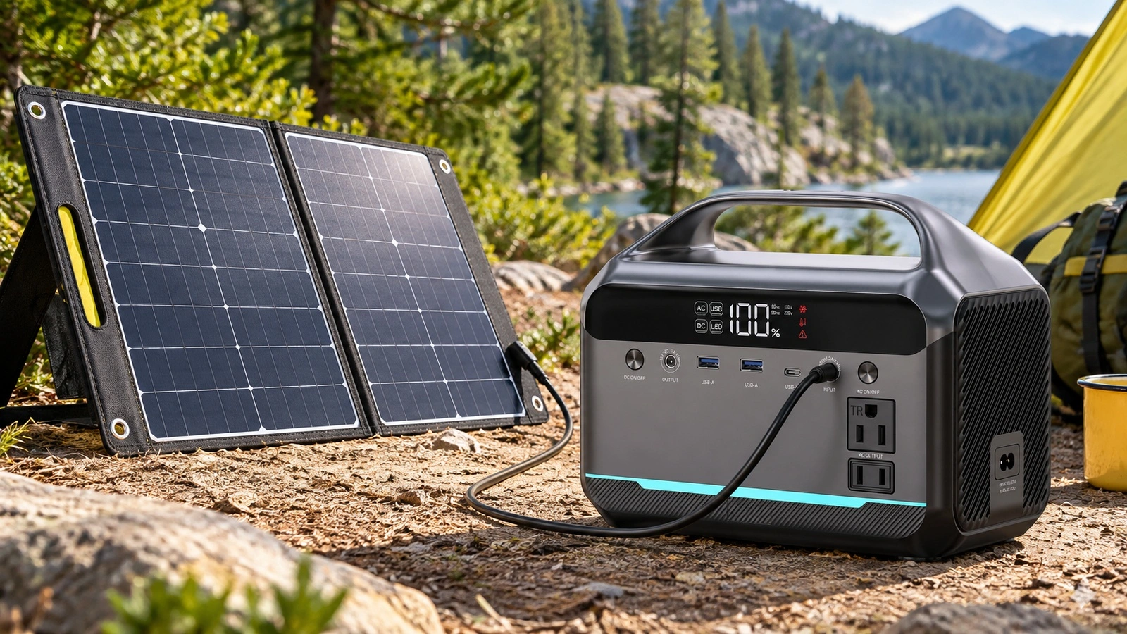 NEO300M charging from a folding solar panel outdoors