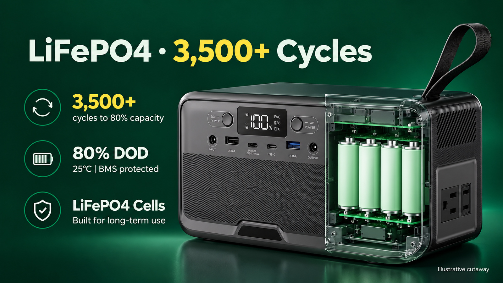 LiFePO4 cell array, 3500 cycles to 80% capacity