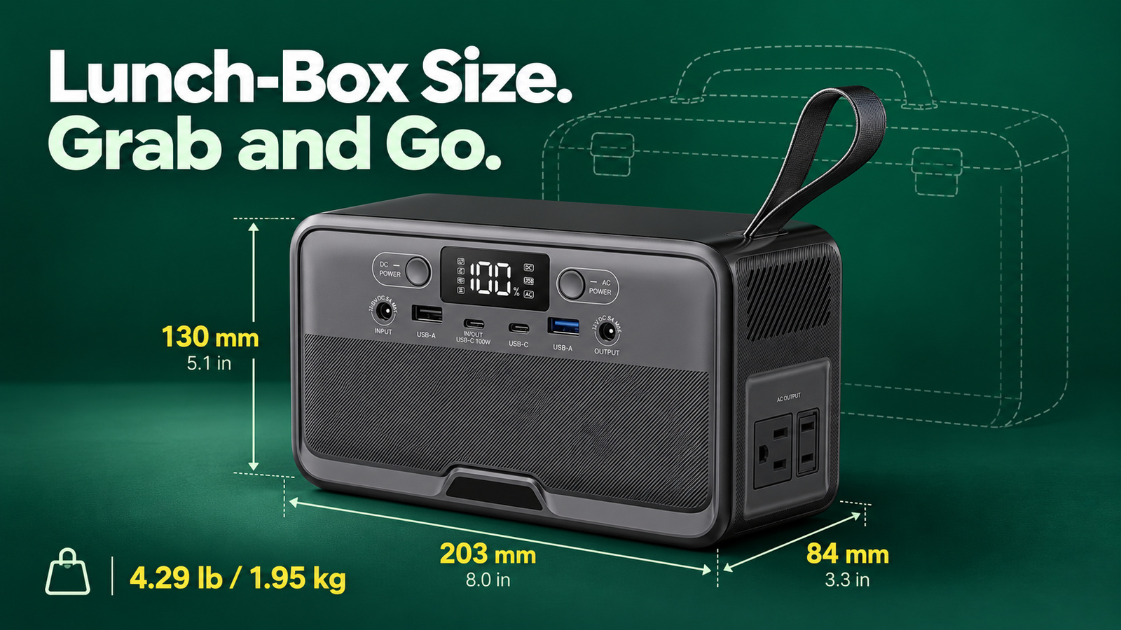 R200 dimensions 8.0 by 3.3 by 5.1 inches and 4.29 lb