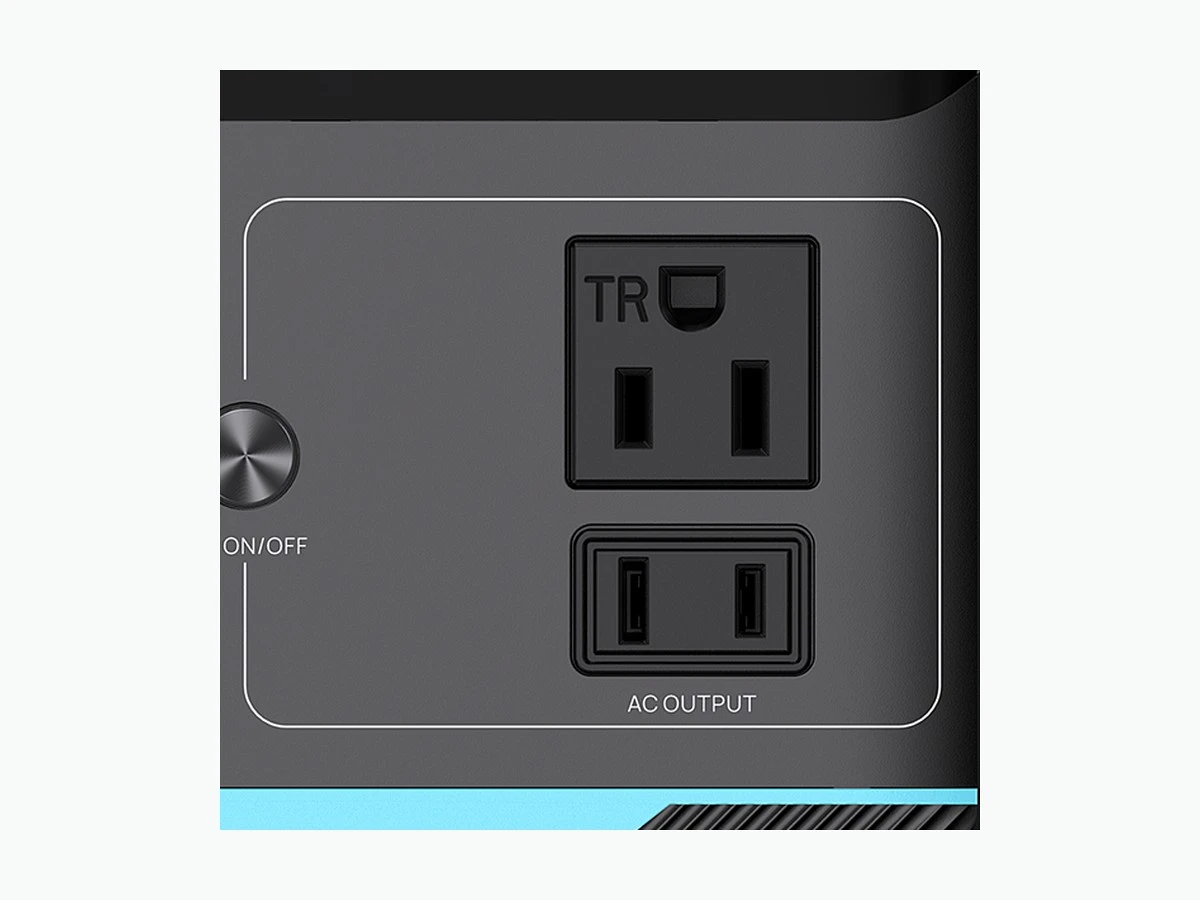 Close-up of the NEO 501 AC outlet showing the 110 V pure sine wave output
