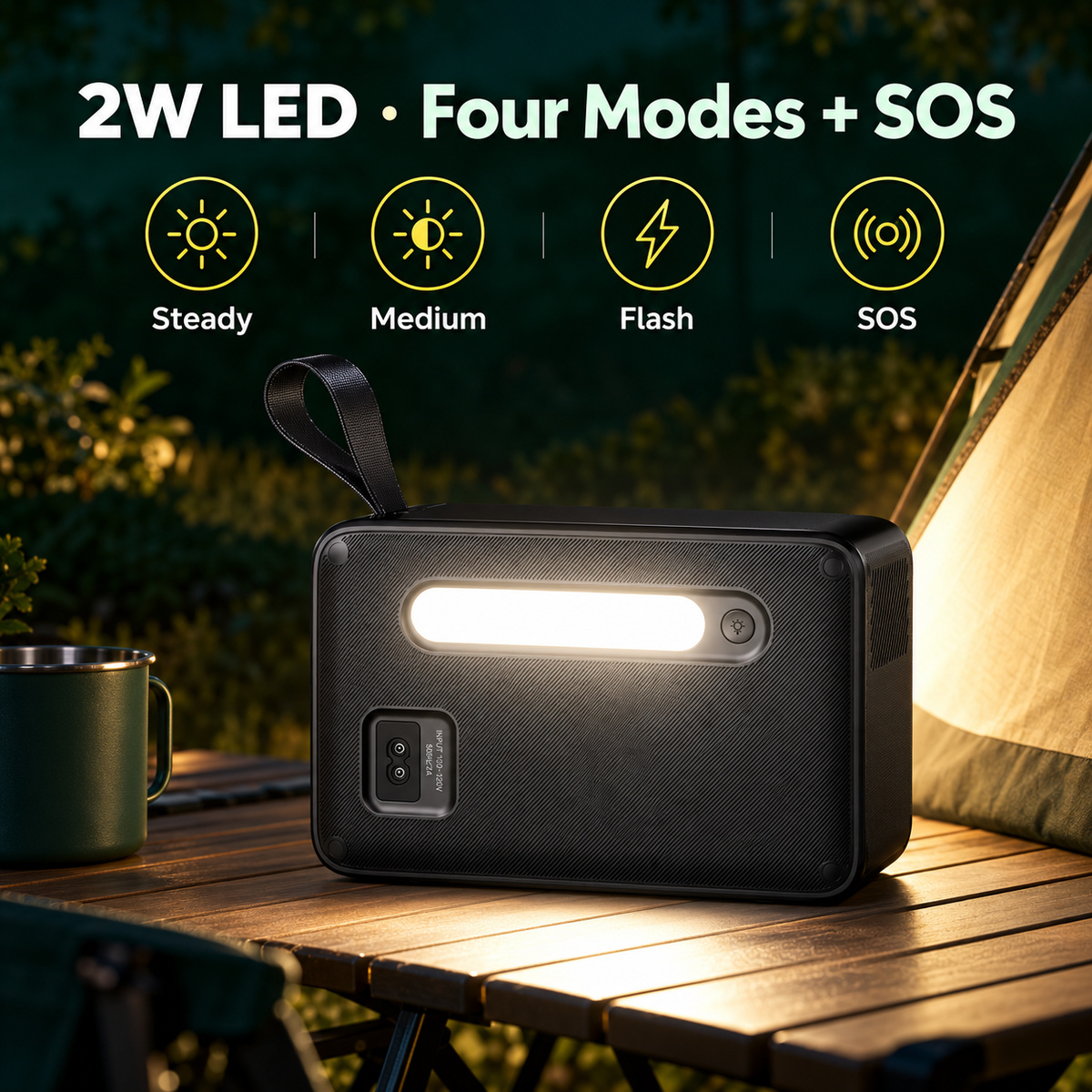 R200 2W LED lighting a backyard table at night