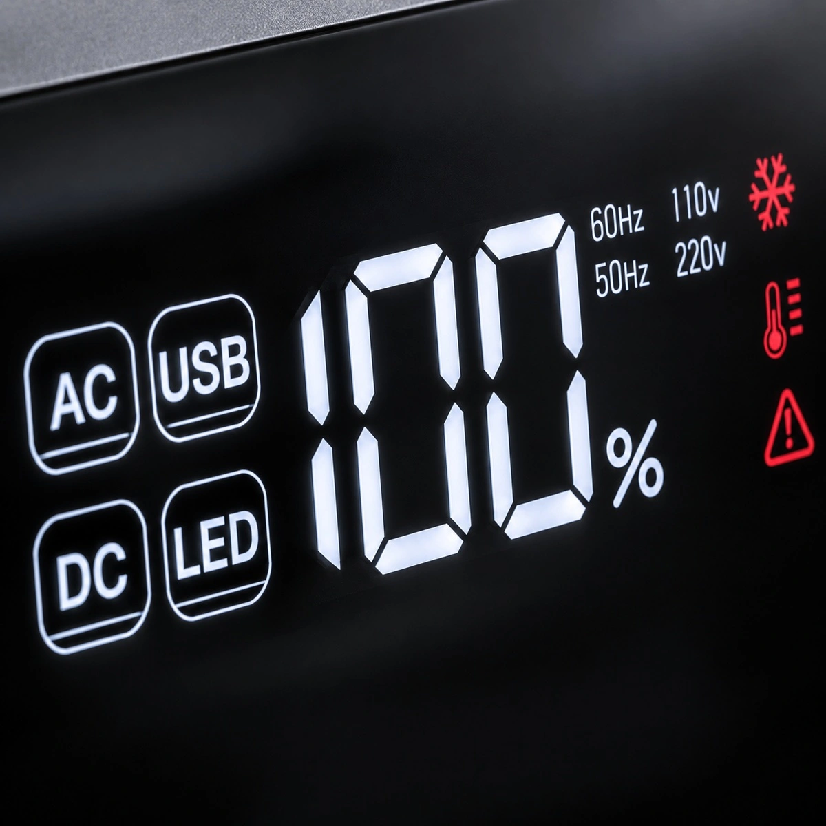 LED segment screen on the NEO300M showing battery and output status