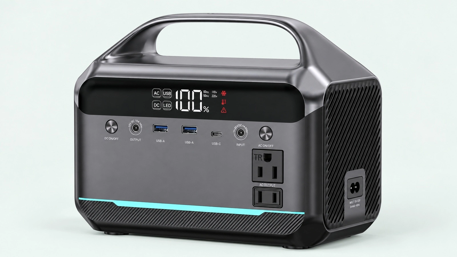 Front panel of the NEO300M showing USB-C, two USB-A, the DC socket, the solar input and the AC outlets