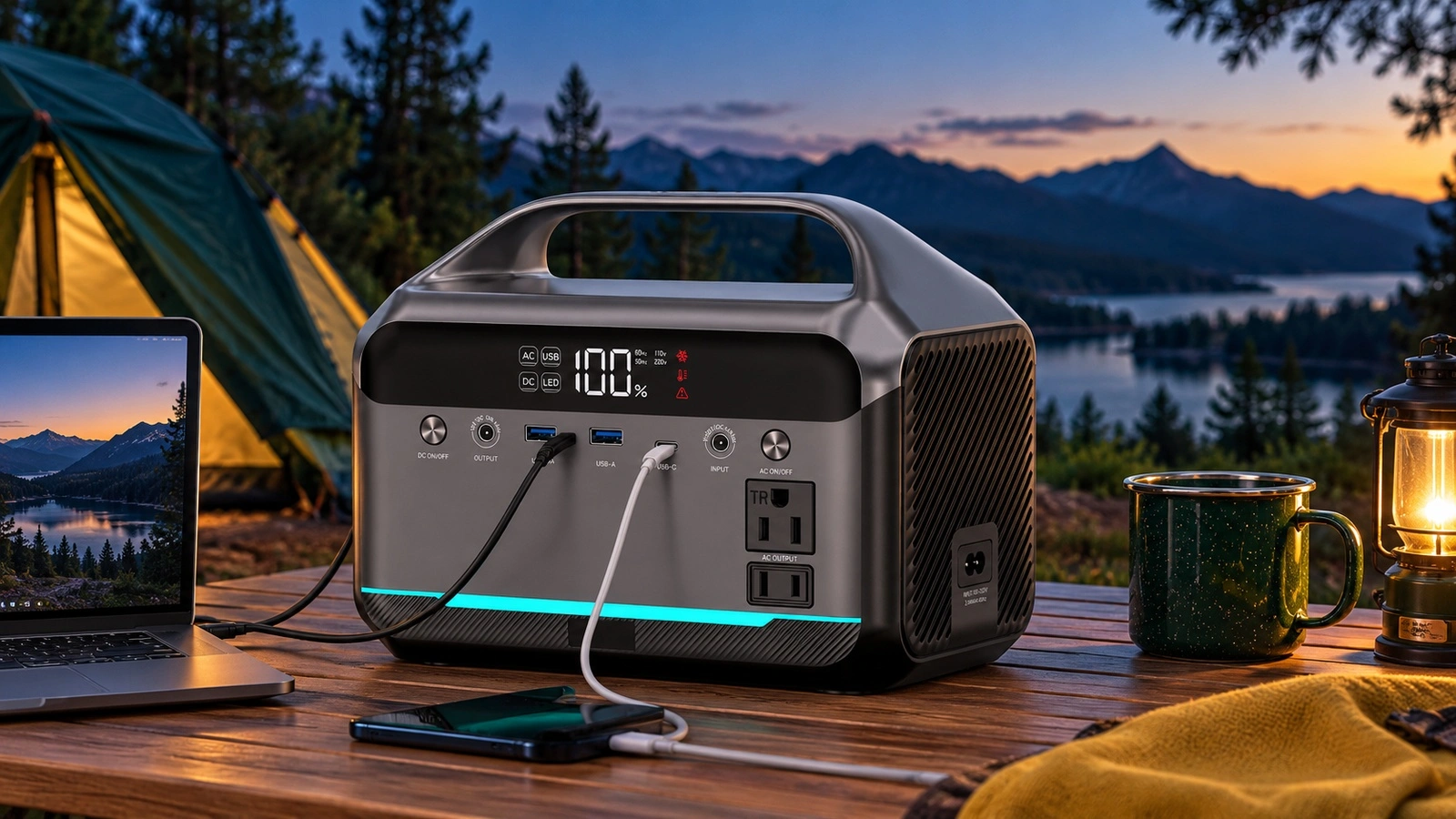 NEO300M 300W portable power station set up outdoors and switched on