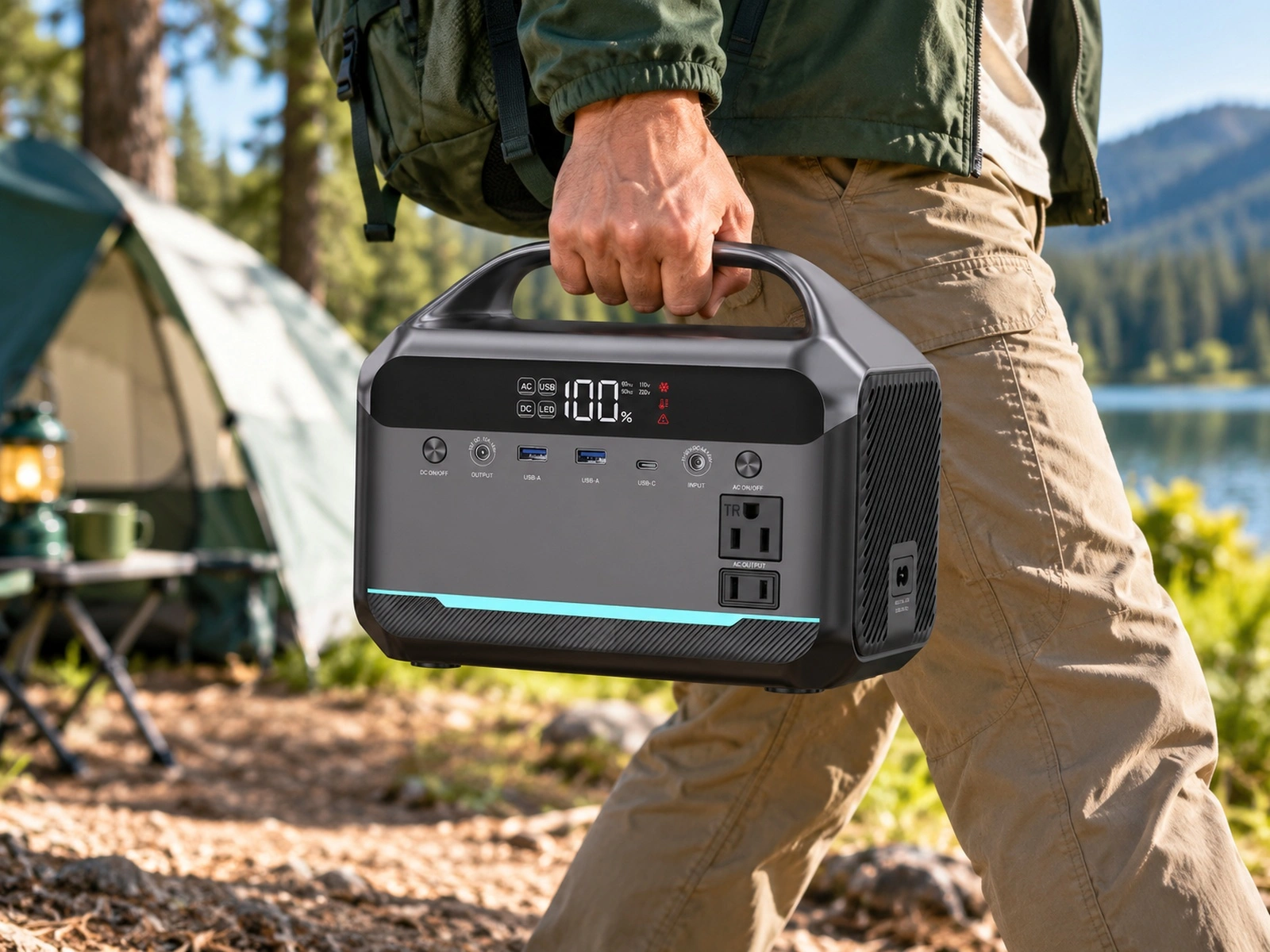 NEO300M portable power station carried by its integrated handle