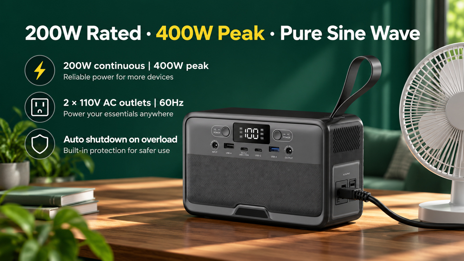 Two 110V AC outlets, 200W continuous and 400W peak