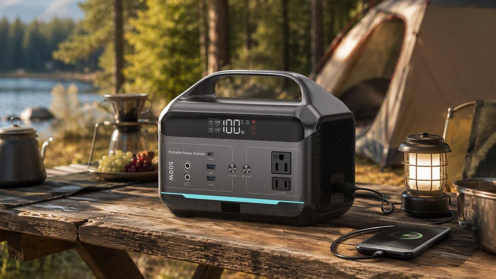 NEO 501 500W portable power station with LiFePO4 battery set up on a camping table