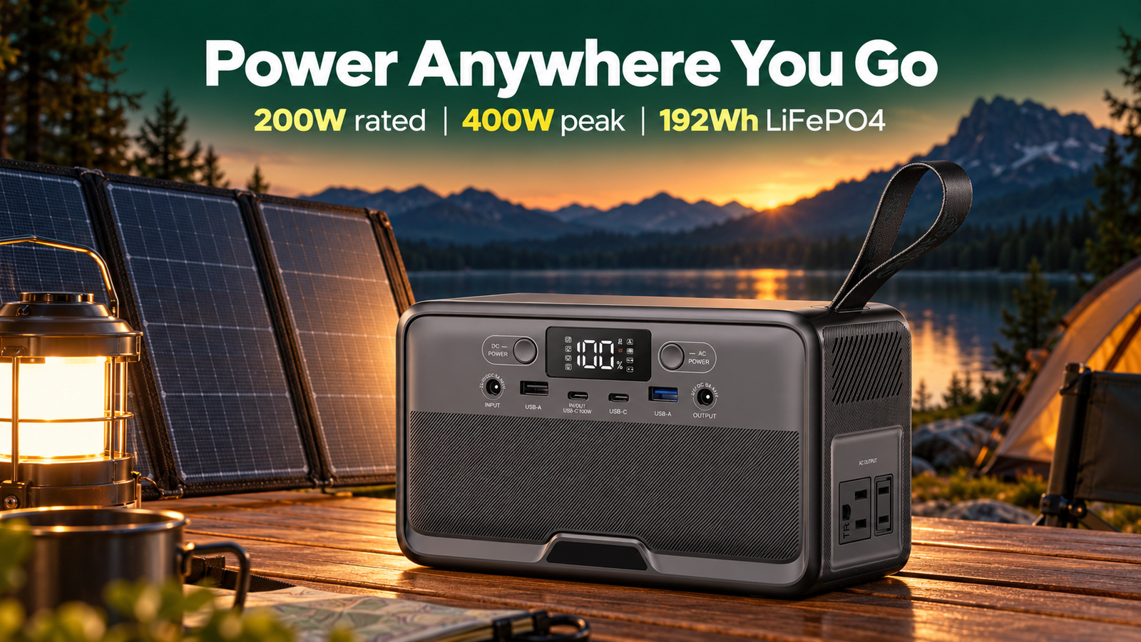 R200 powering a lakeside campsite at dusk