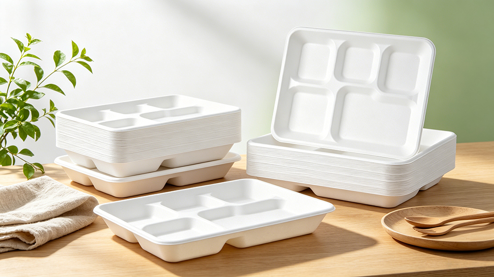 Quadratische Bagasse-Teller mit 5 Fächern