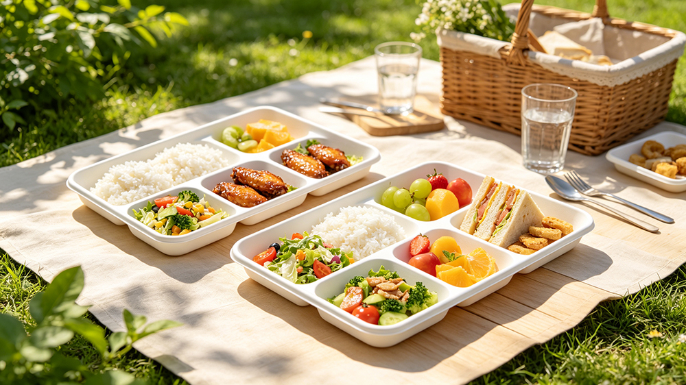 Quadratische Bagasse-Teller mit 5 Fächern