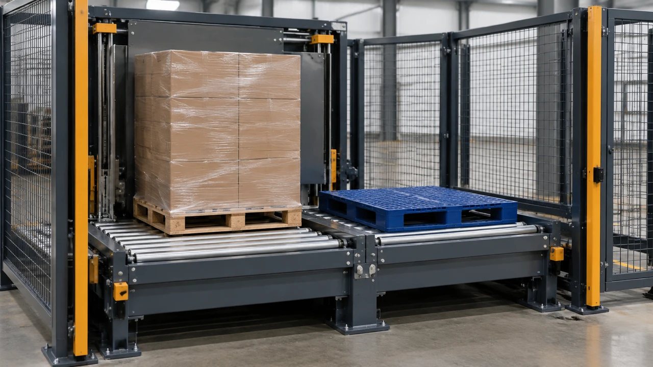 Upright carton load on a wooden pallet beside an empty blue pallet on a guarded roller transfer station.