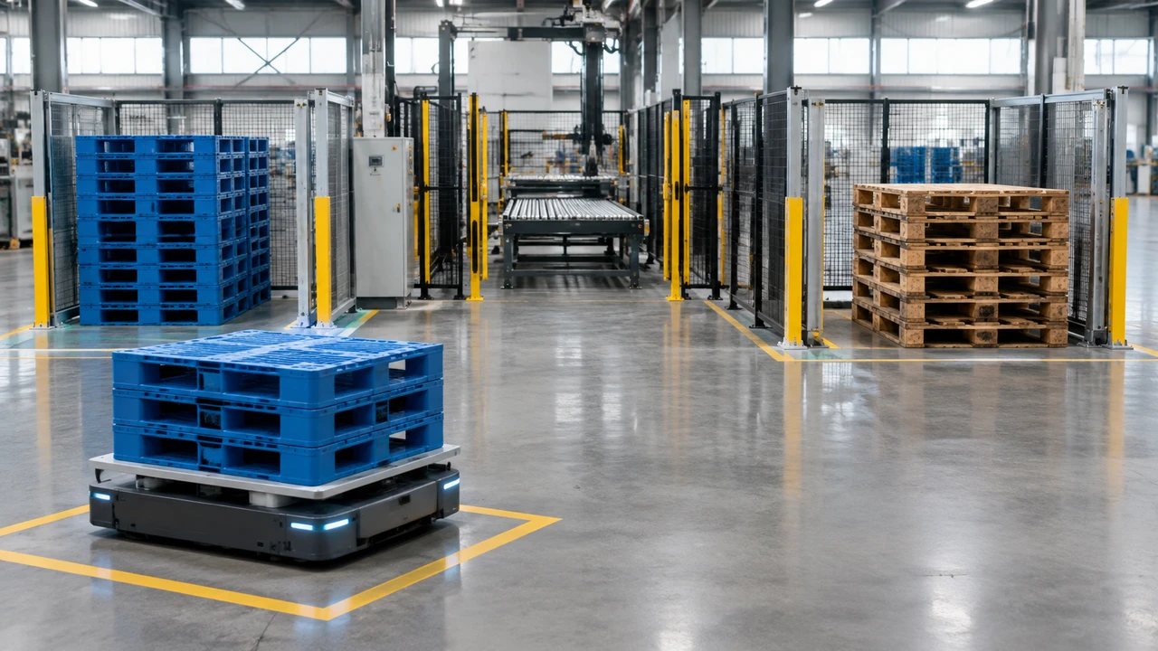 AMR carrying three empty plastic pallets between separate plastic and wooden pallet staging areas.