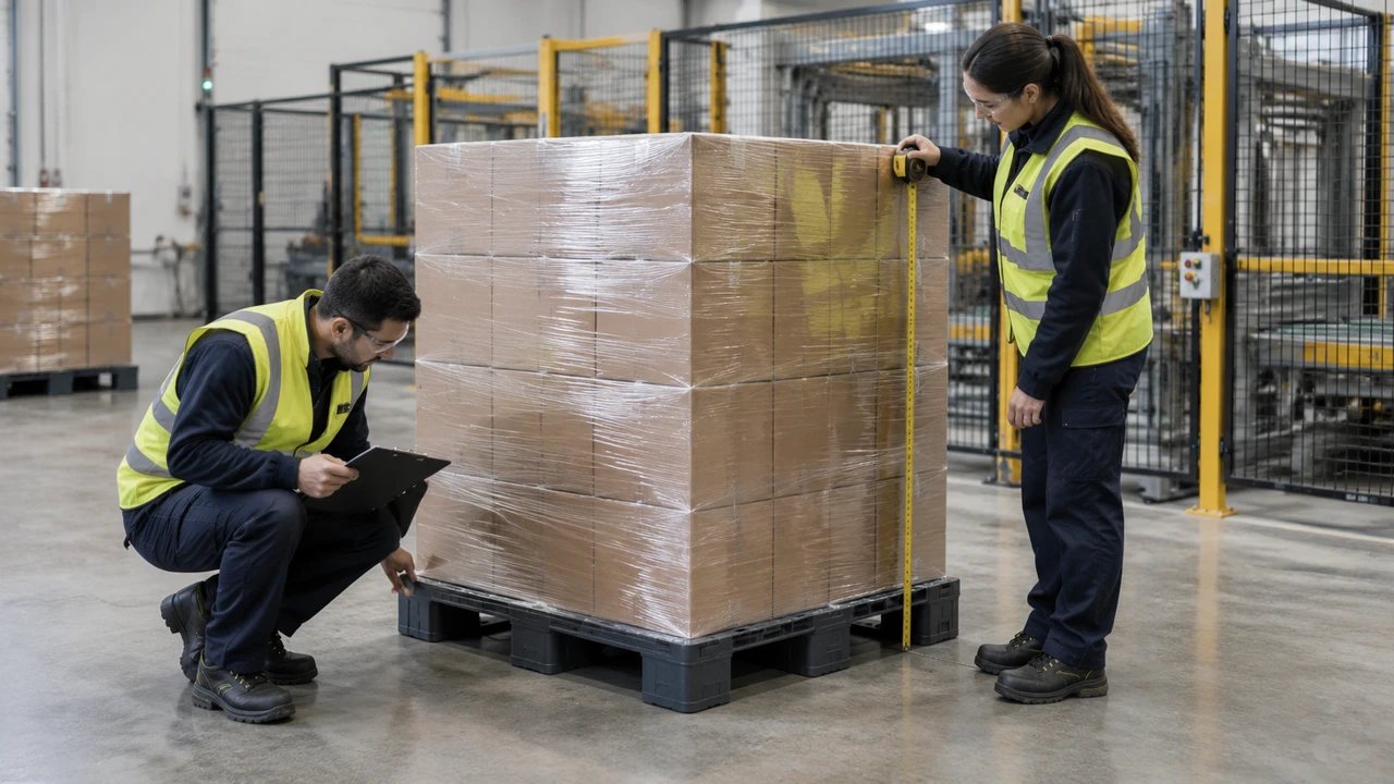 Two staff checking a wrapped carton load on a plastic pallet with a tape measure and clipboard.