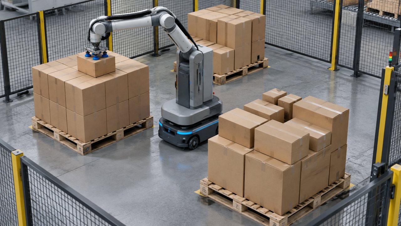 Mobile robot arm contacting a carton between three loaded pallets inside a fenced warehouse workcell.
