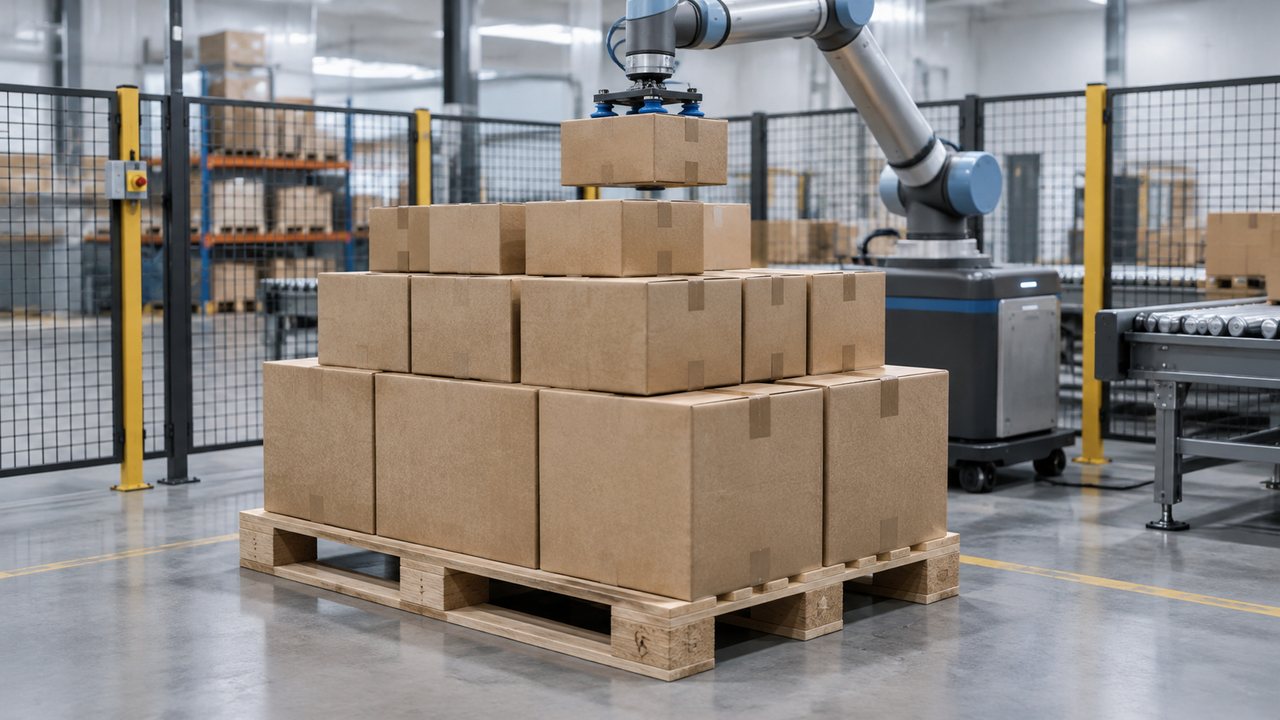 Robot arm holding a carton above a wooden pallet stacked with larger boxes below and smaller boxes above.