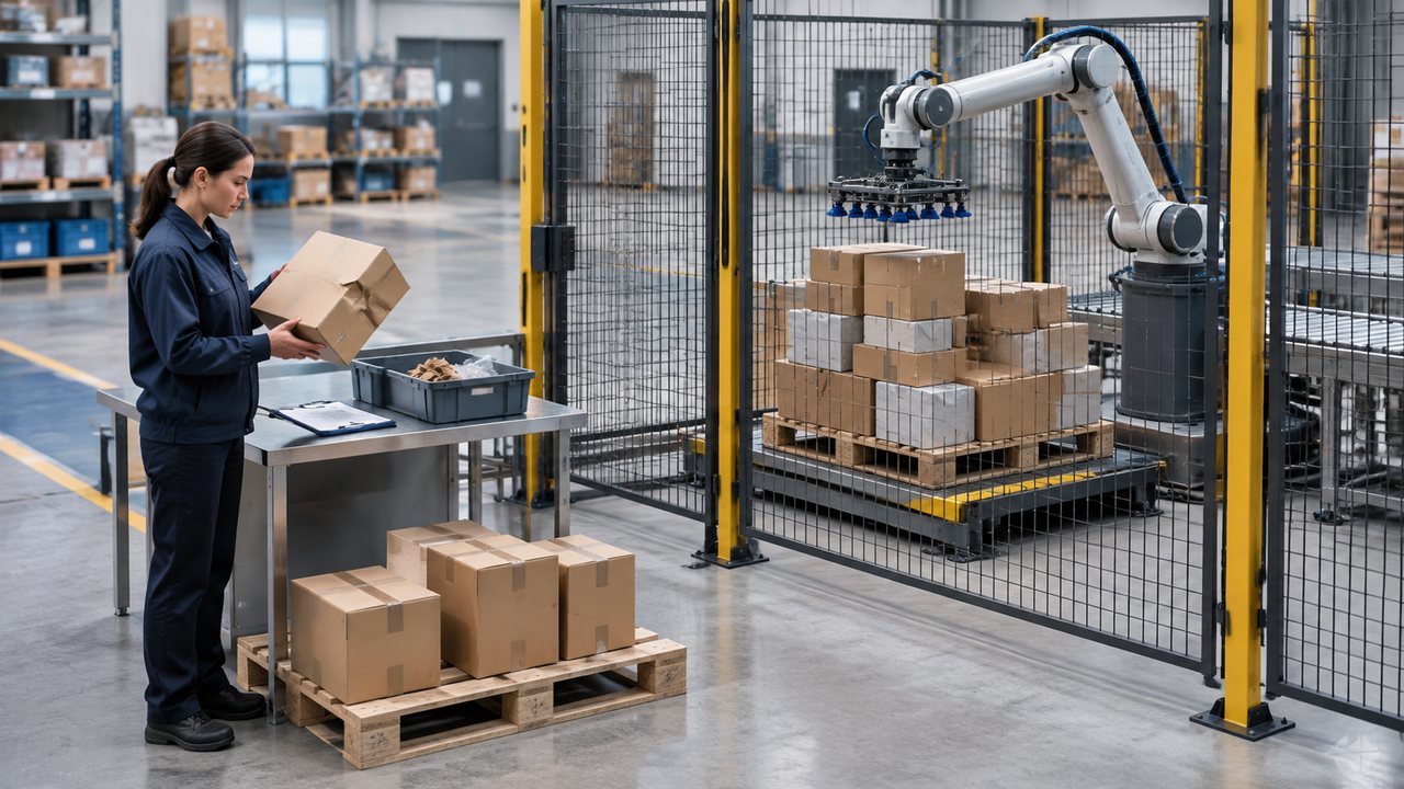 Worker examining a damaged carton outside a fenced robotic workcell, beside a partially loaded pallet.
