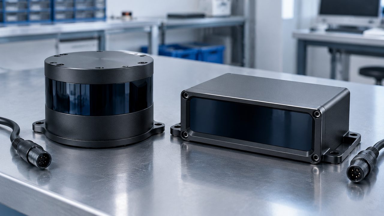 Cylindrical and rectangular sensor housings with dark optical windows and disconnected cables on a laboratory bench.