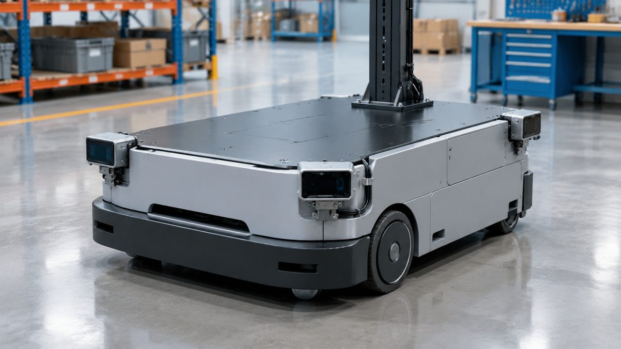 Three rectangular sensor modules mounted at the visible corners of an AMR chassis in a warehouse workshop.