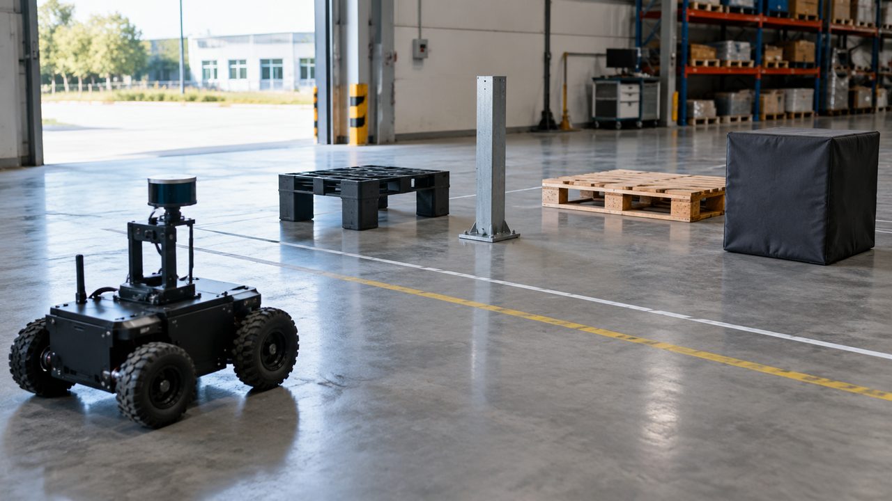 Mobile robot facing a black pallet, metal post, wooden pallet and dark box in a warehouse LiDAR test area.