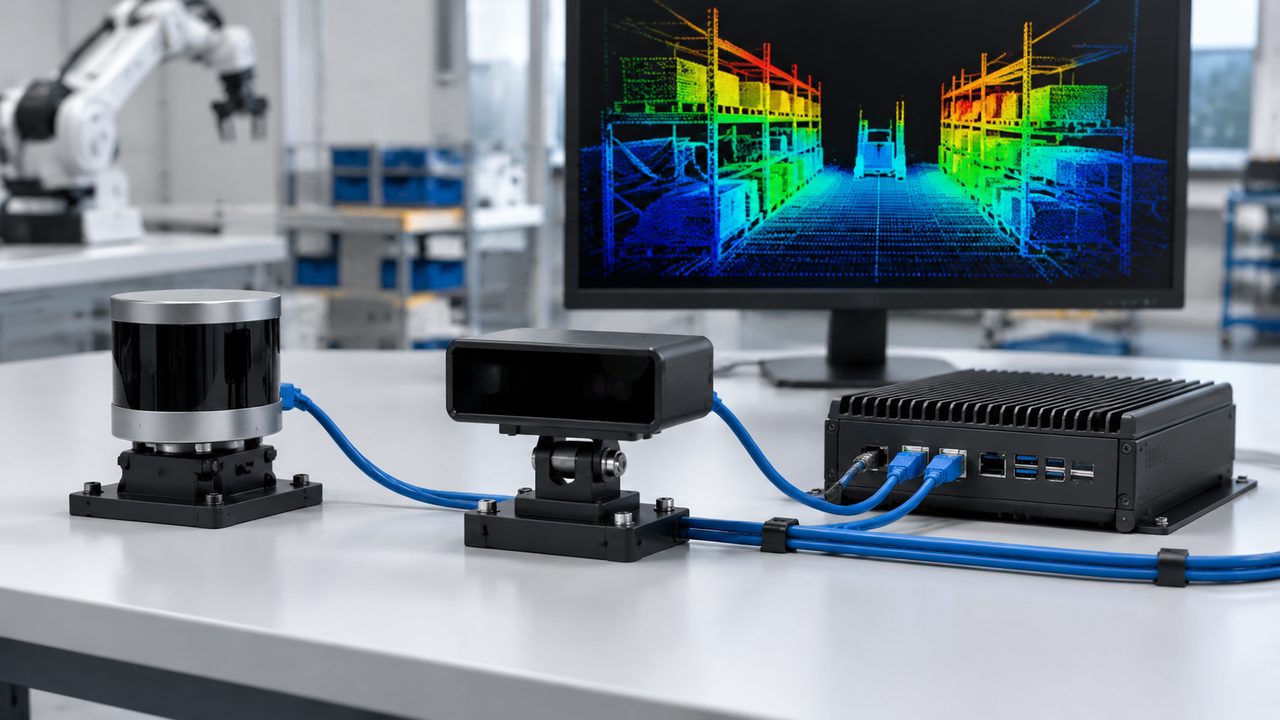 Cylindrical and rectangular sensors connected to an edge computer beside a monitor showing a warehouse point cloud.