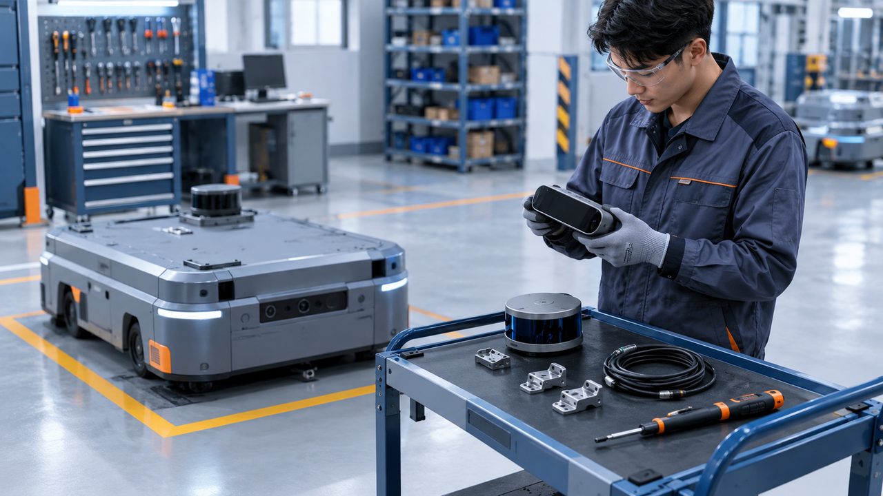 Technician inspecting a rectangular sensor beside an AMR, with a cylindrical sensor and mounting parts on a trolley.