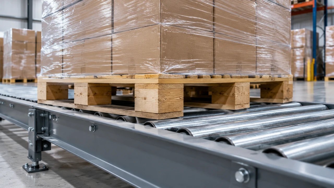 Wooden pallet loaded with wrapped cartons resting on the steel rollers of a pallet conveyor.
