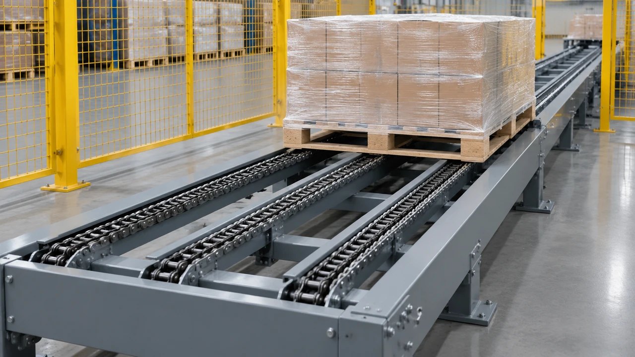 Wrapped carton load on a wooden pallet supported by three parallel conveyor chain tracks.