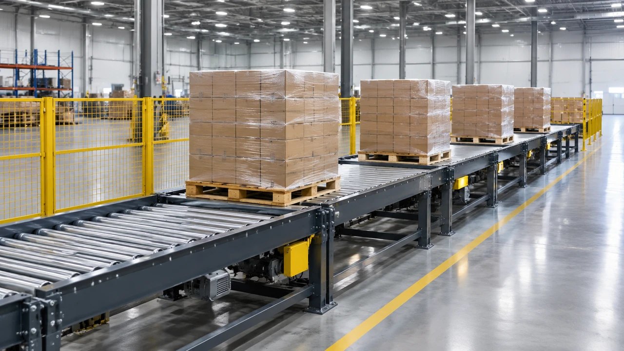 Four wrapped pallets spaced along a powered roller conveyor beside yellow mesh guarding.