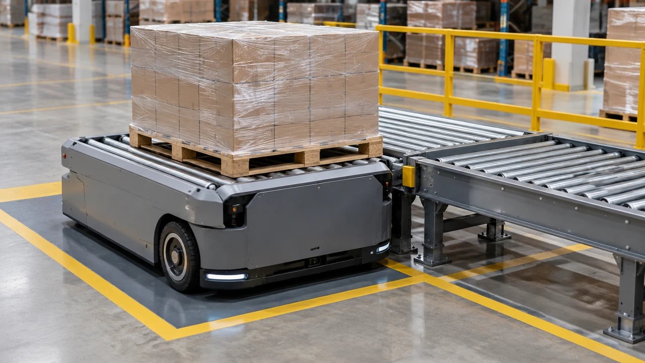Mobile robot carrying a wrapped pallet on a roller deck beside a fixed pallet conveyor.