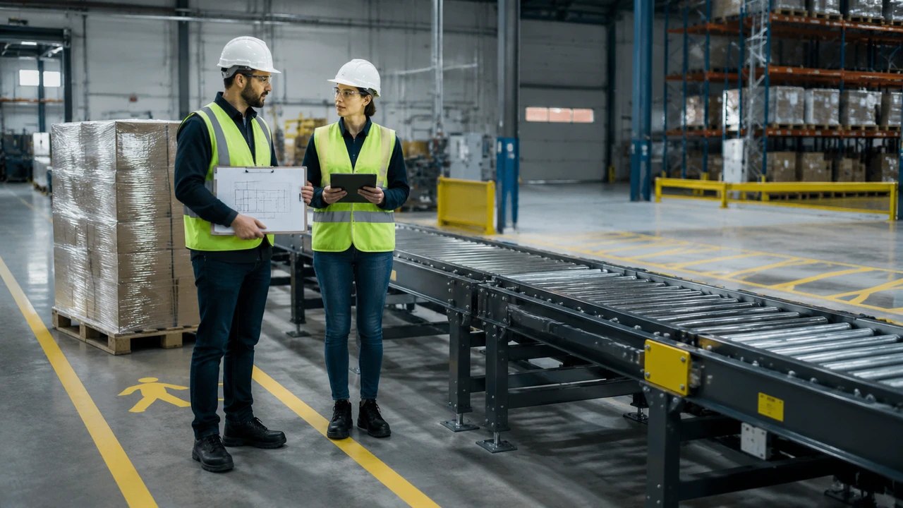 Two engineers with a clipboard and tablet discussing a roller conveyor in a marked warehouse aisle.
