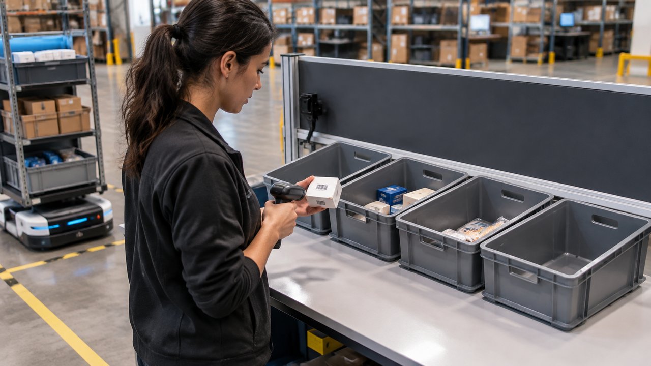 Worker scanning a small carton beside four open order totes, with a shelf-carrying AMR in the background.