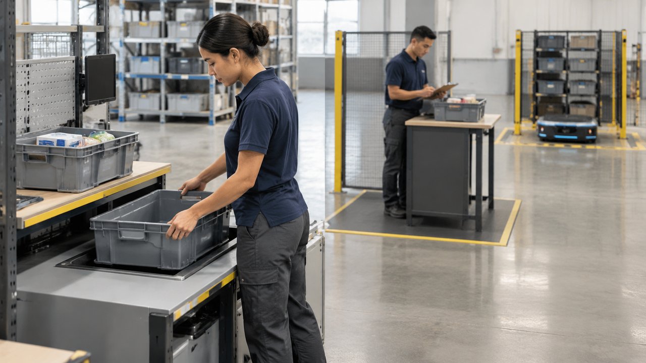 Worker placing an empty tote into a workstation tray while another worker checks a clipboard at a separate desk.