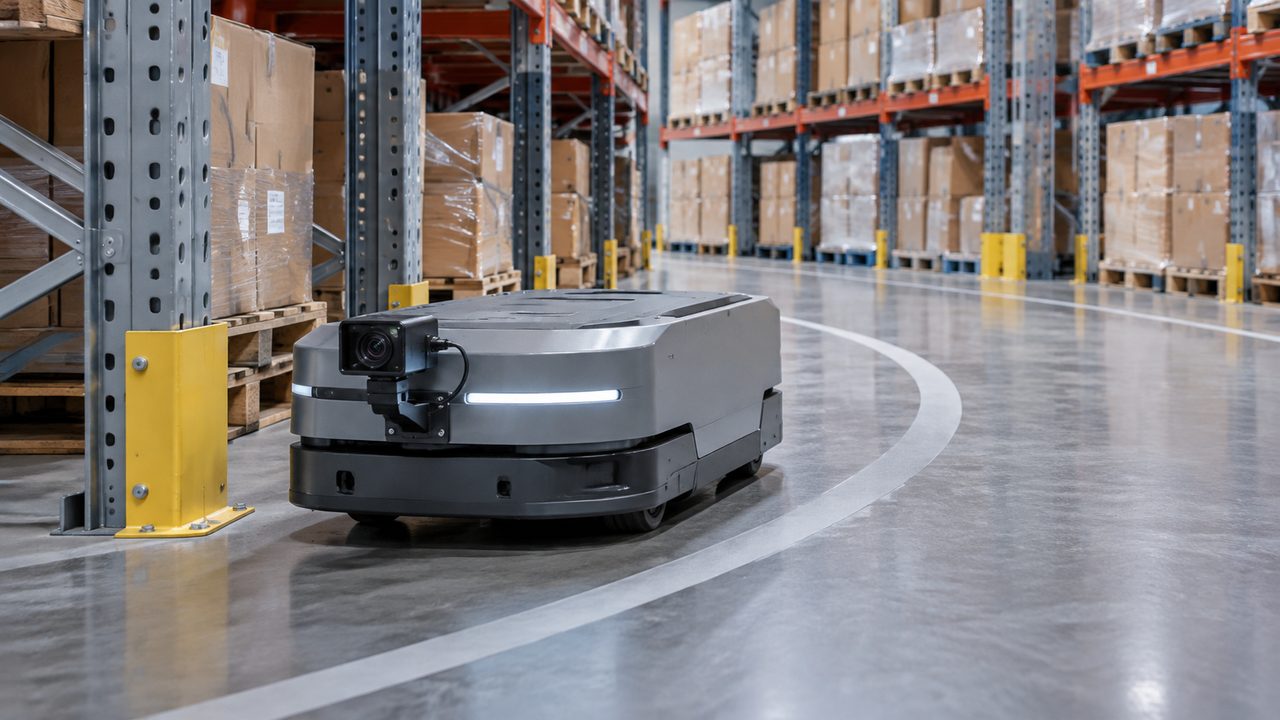 Camera-equipped AMR on a curved warehouse lane beside straight steel rack uprights.