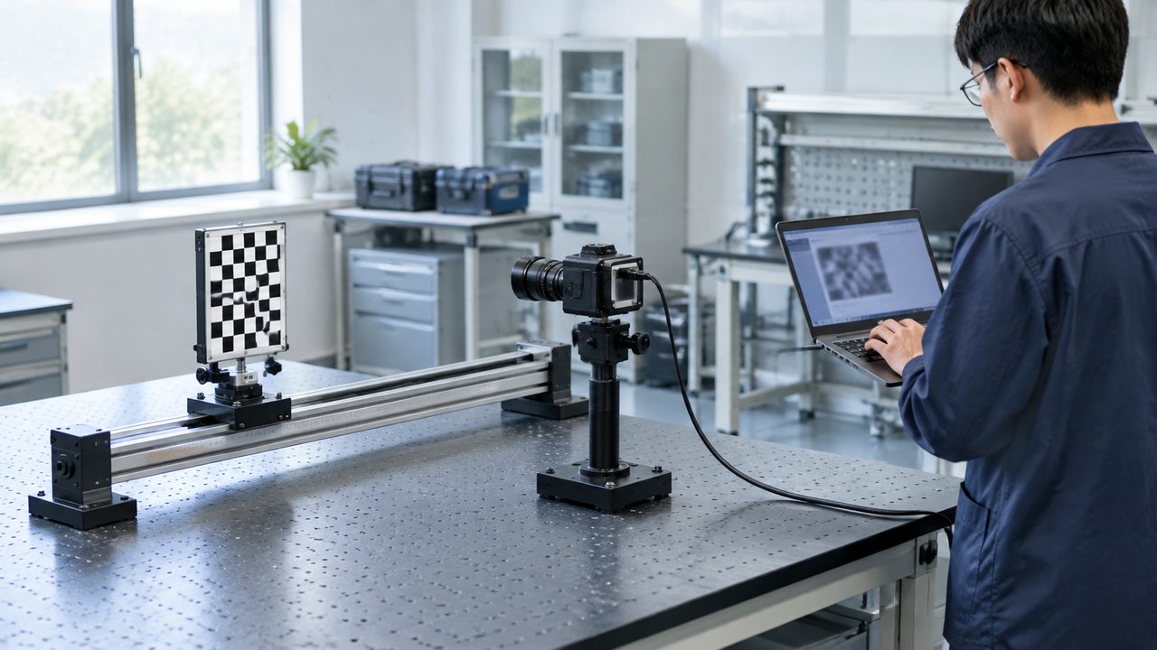 Bench-mounted camera facing a checkerboard target on a linear rail while an engineer uses a laptop.
