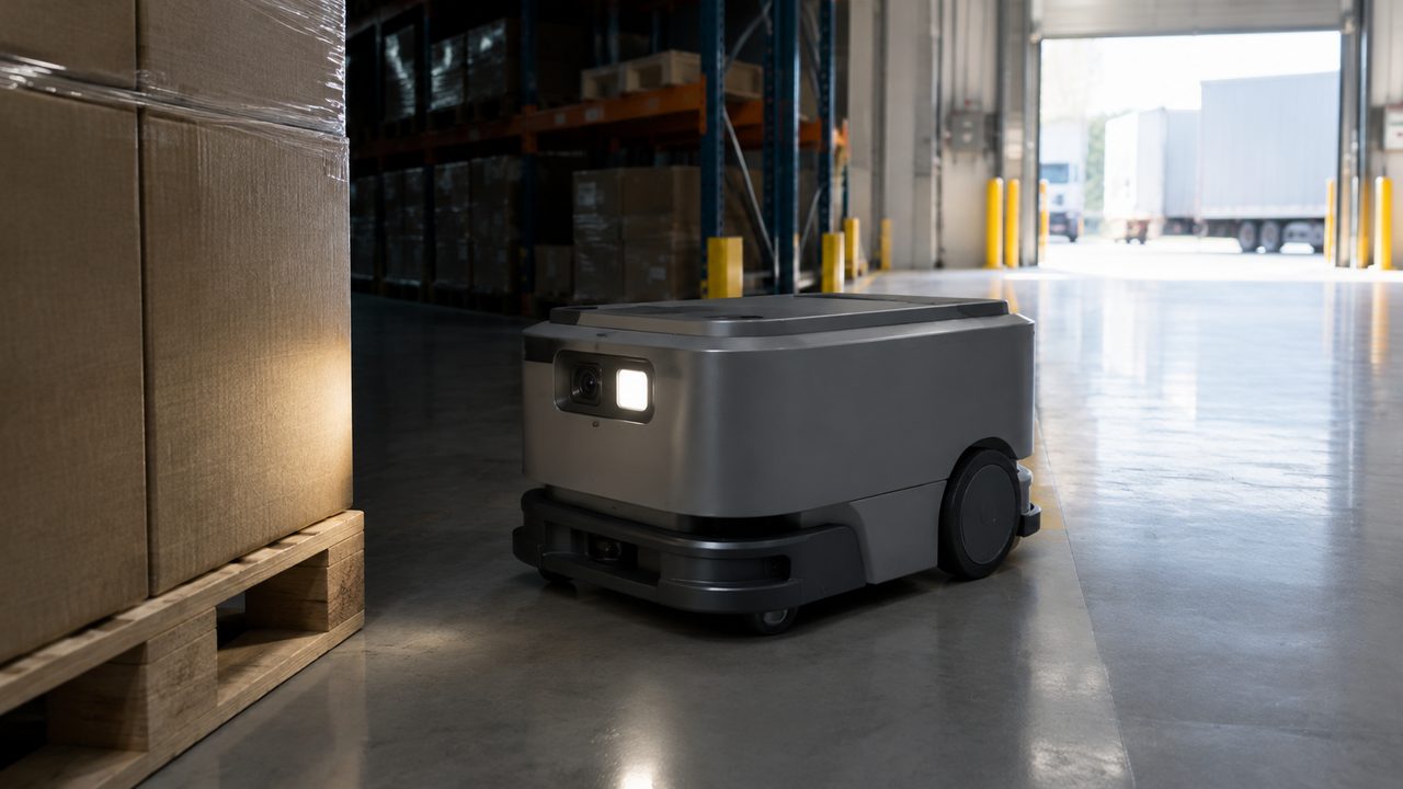 AMR camera and front light facing a pallet near a bright loading bay and dim warehouse aisle.