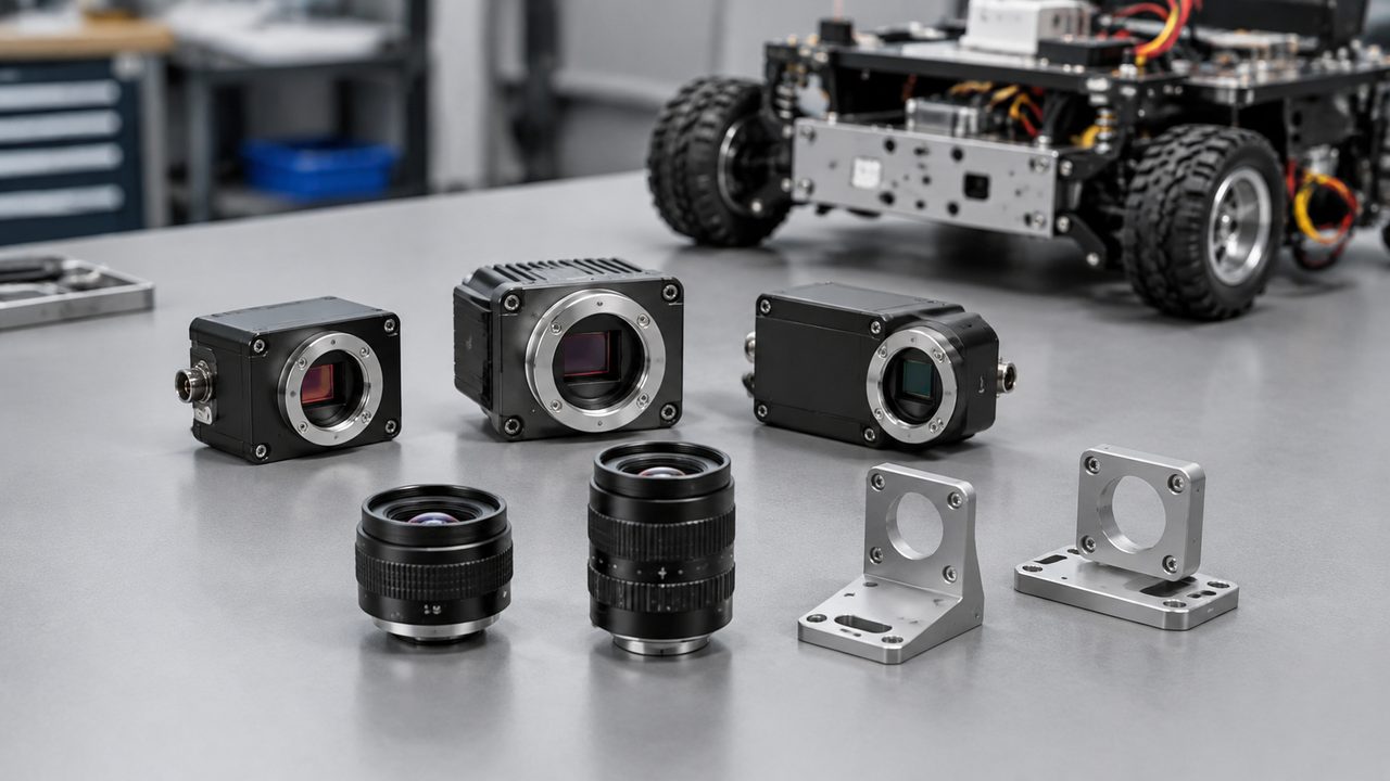 Three industrial cameras, two lenses and mounting brackets on a workbench in front of a mobile robot chassis.
