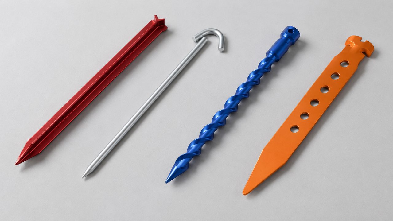 Y-profile, hook, spiral and broad flat tent pegs arranged side by side on a light tabletop.