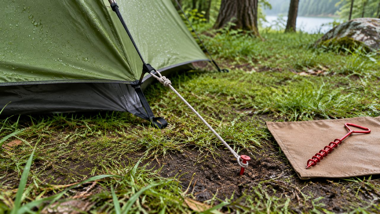 Guyline from a green tent secured to a red peg in damp soil, with a spiral peg resting on a nearby mat.