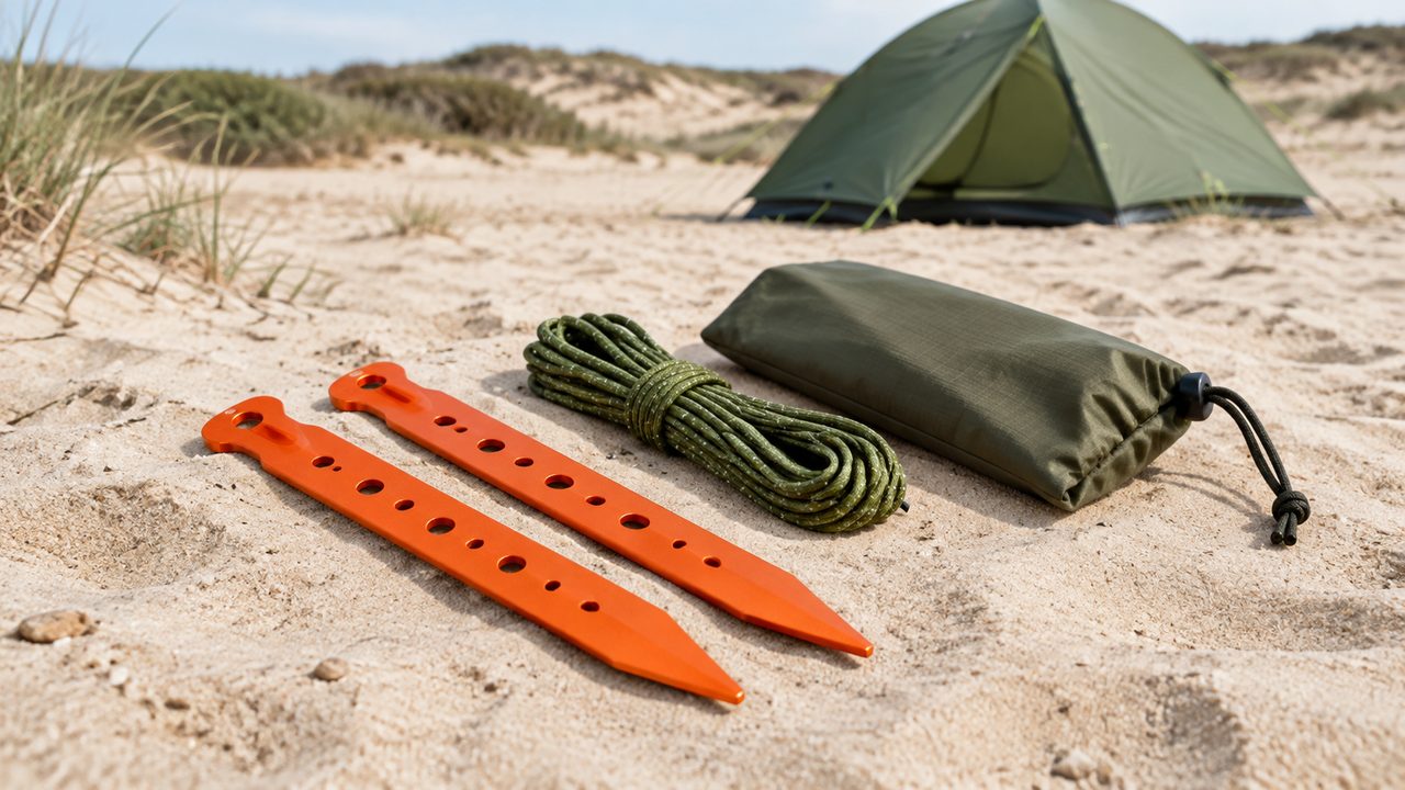 Two broad orange sand pegs beside a coiled guyline and pouch, with a green tent in the background.