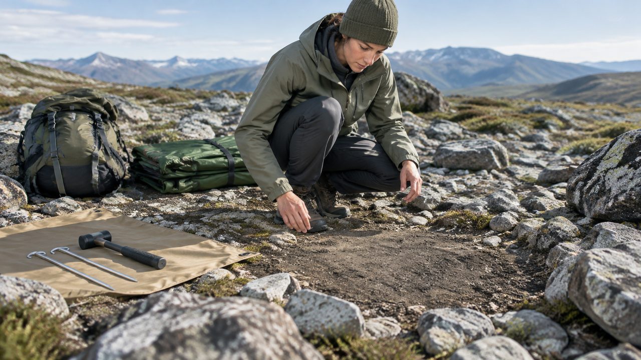 Camper examining a patch of earth between rocks, with tent pegs and a mallet laid out on a mat.