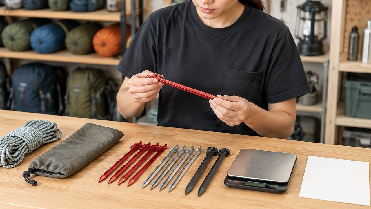 Person inspecting a red tent peg at a workbench beside sorted pegs, a guyline, a pouch and a scale.