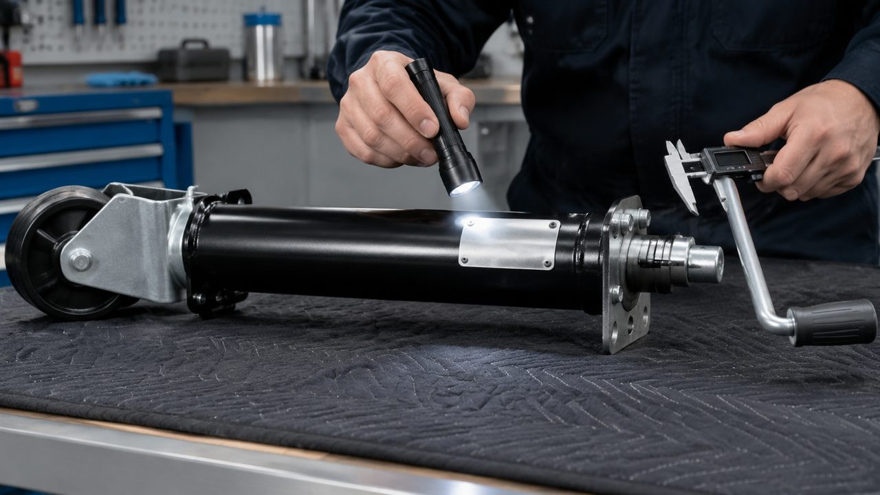 Technician examining a detached trailer jack on a padded bench with a flashlight and digital caliper.