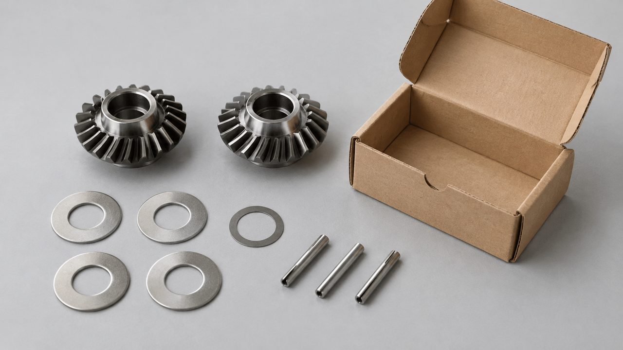 Two bevel gears, washers and retaining pins arranged beside an open cardboard service-kit box.